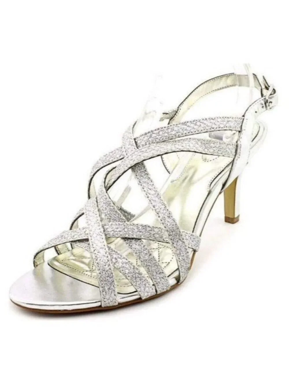 Alfani Alisa Metallic Silver Italian Leather Open Toe Glitter Slingback Heel 8.5